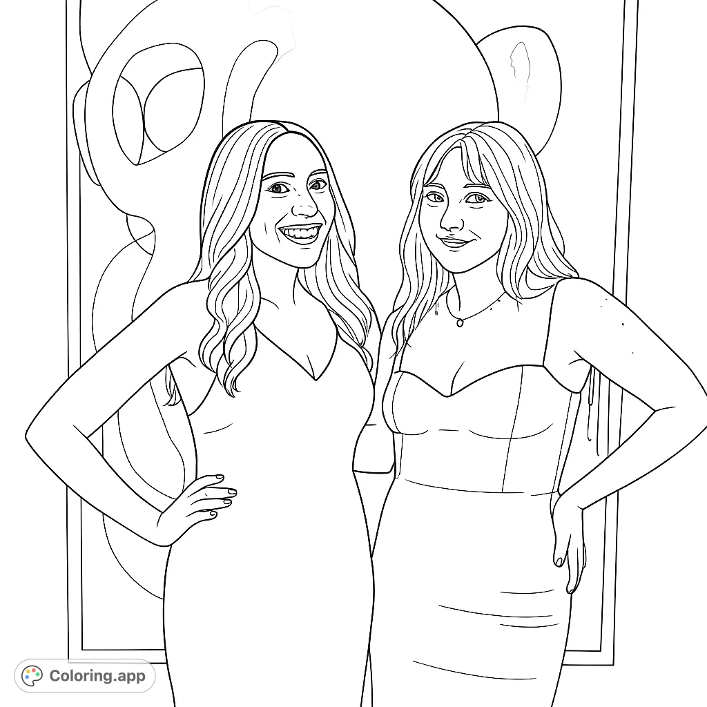 Two friends strike a pose in front of a vibrant abstract painting, offering a fun and expressive scene for creative coloring.
