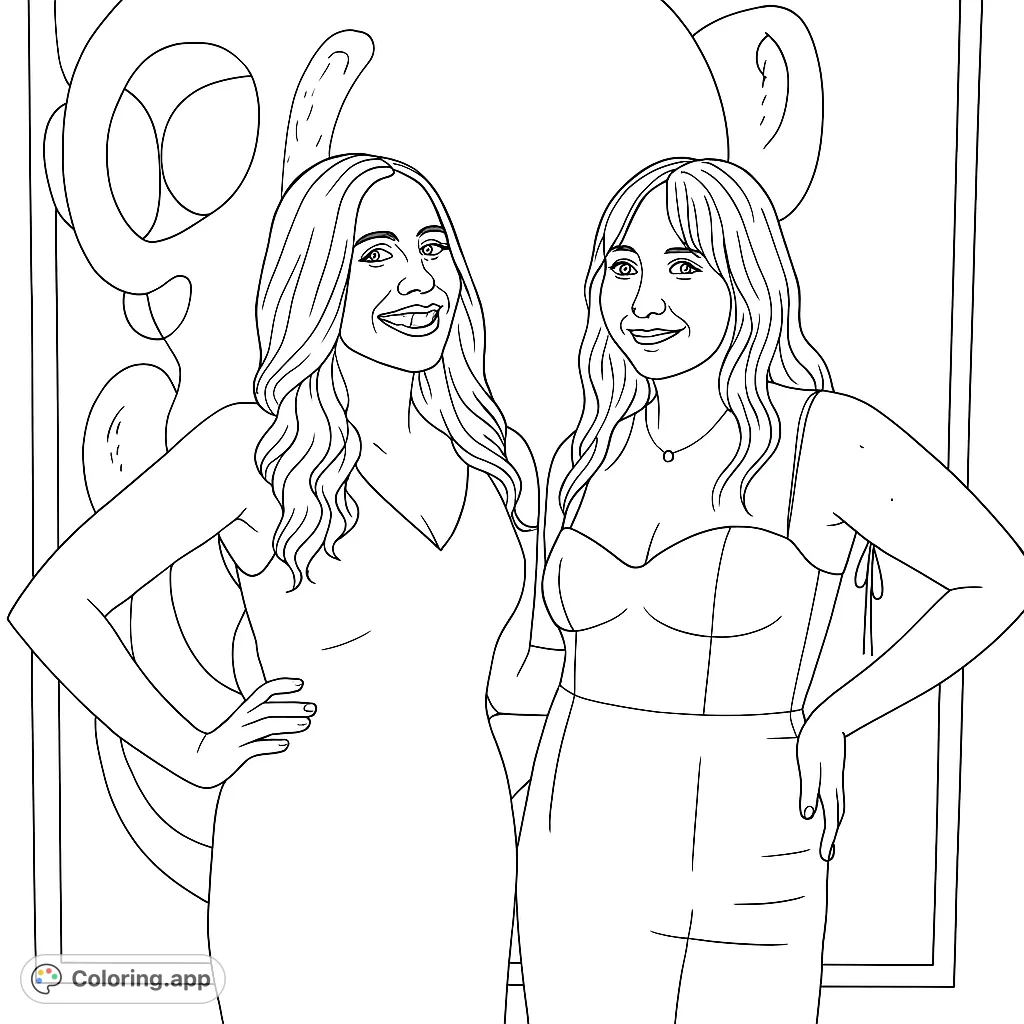 Two friends strike a pose in front of a vibrant abstract painting, offering a fun and expressive scene for creative coloring.