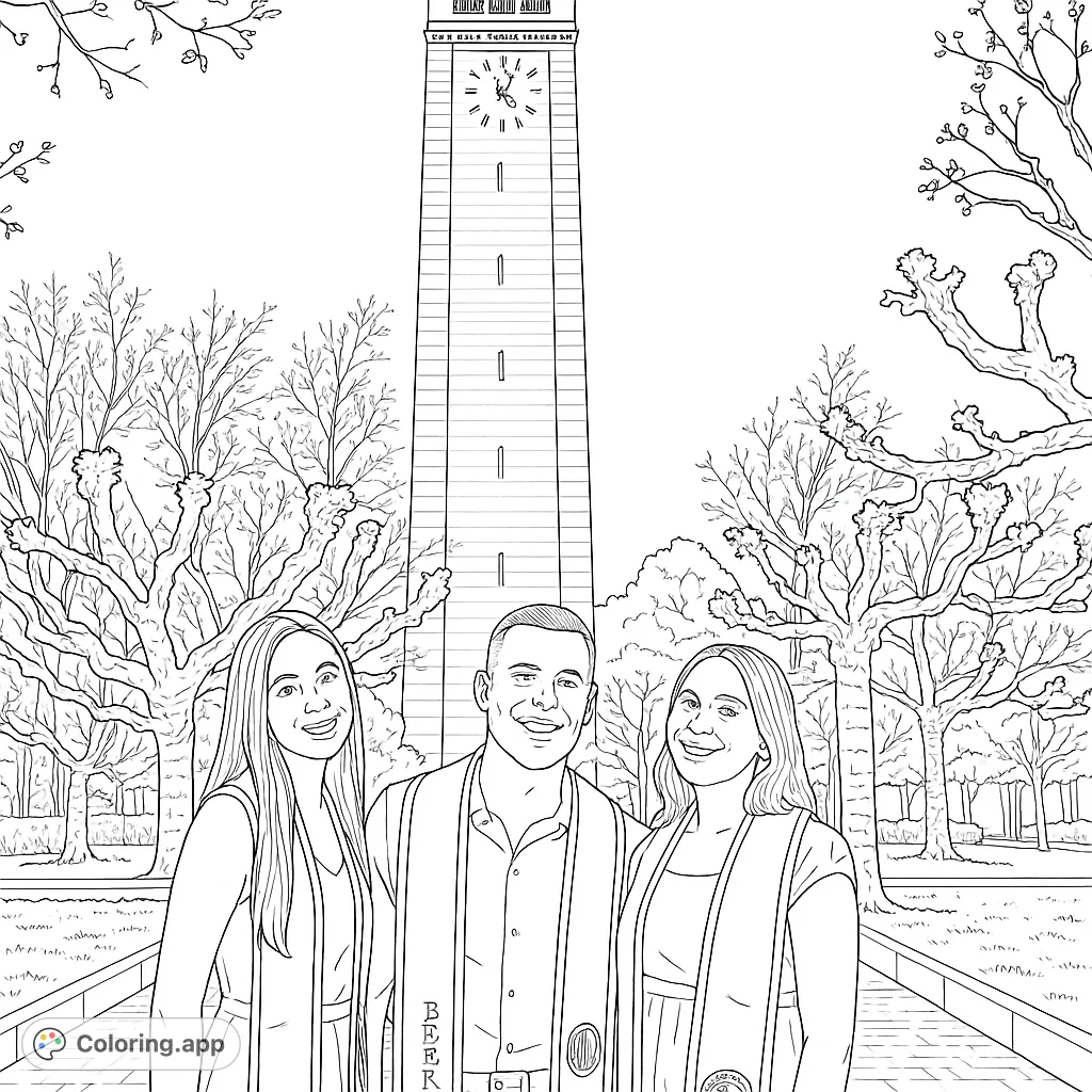 Celebrate achievement with three graduates posing proudly before a grand university bell tower, surrounded by unique trees on a vibrant campus.