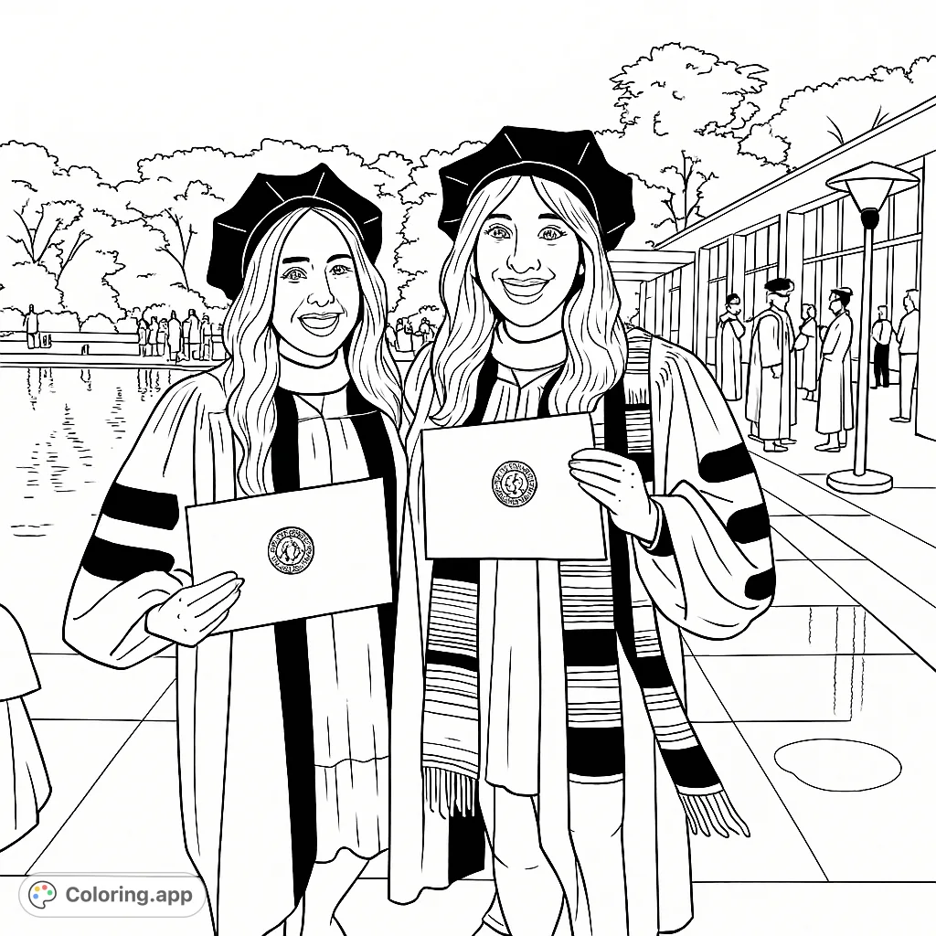Celebrate academic success with this graduation coloring page featuring two smiling graduates in robes, holding diplomas. Perfect for commemorating achievements.