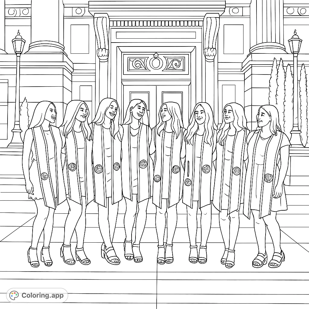 Celebrate achievement with this graduation coloring page featuring eight smiling friends in stoles against a grand building. Perfect for all ages!