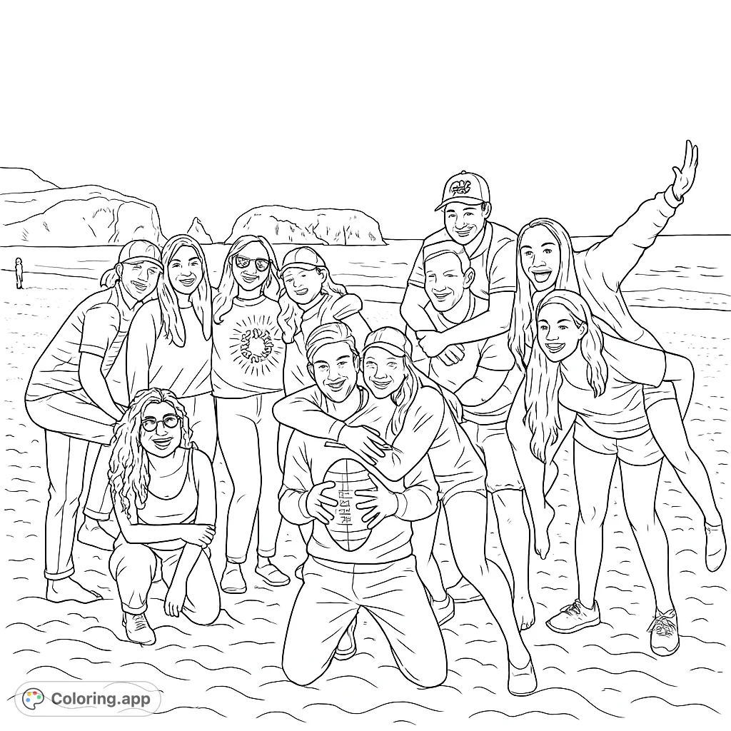 Capture the joy of friendship with this beach group coloring page. Features a lively gathering of young adults on a sandy shore with ocean views and distant cliffs.