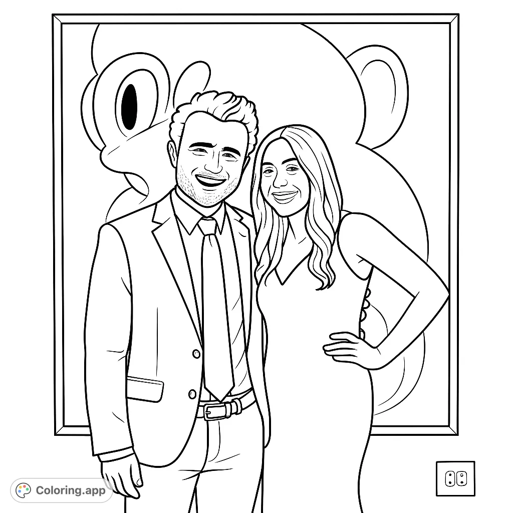 Capture a joyful moment with this smiling duo standing before a striking abstract artwork. A unique portrait for creative expression.