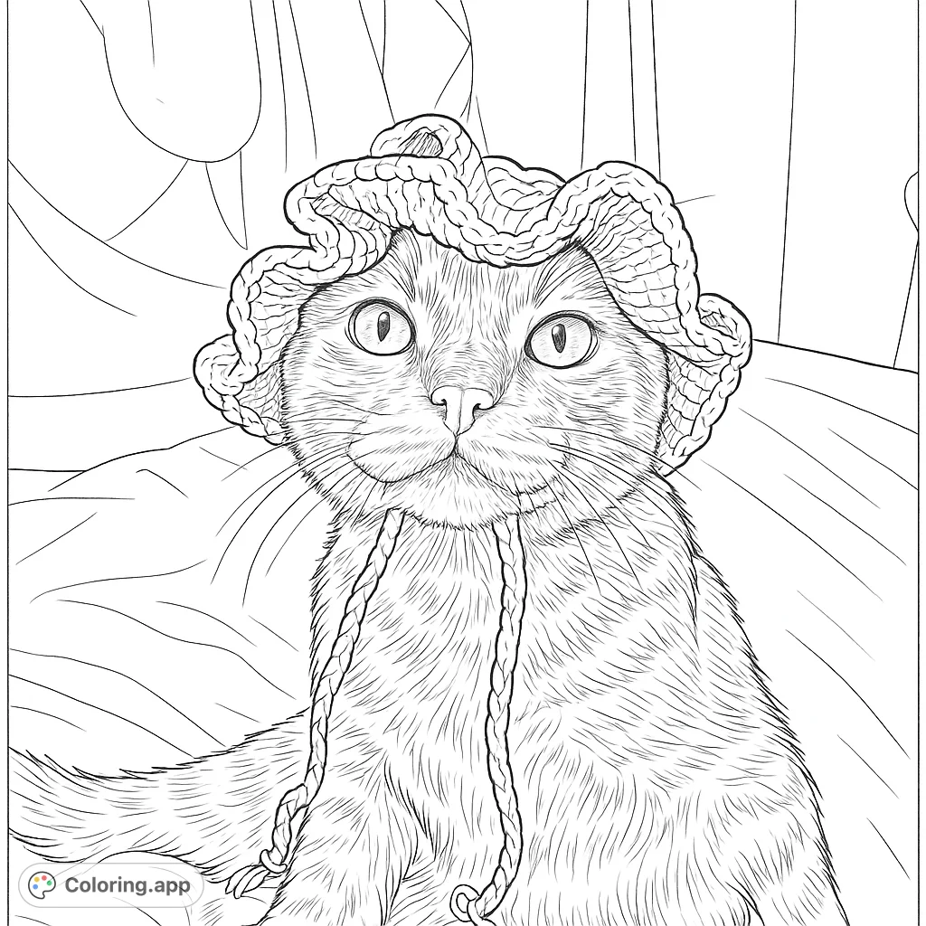 A charming cat wearing a whimsical frog-like hat, perfect for animal lovers. This free printable coloring page offers delightful details for all ages.