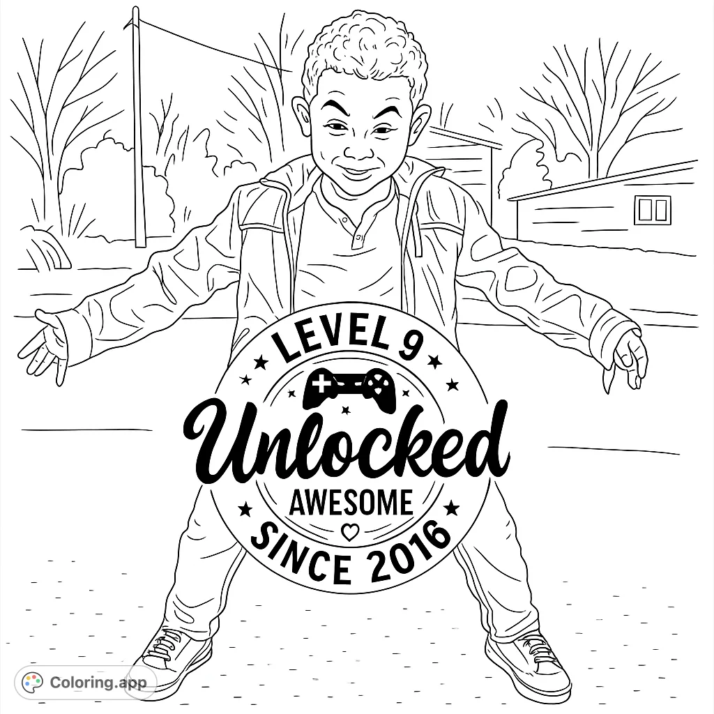 Celebrate achievements with this fun coloring page featuring a joyful boy and a gaming-themed "Level Unlocked" emblem. Perfect for young gamers!