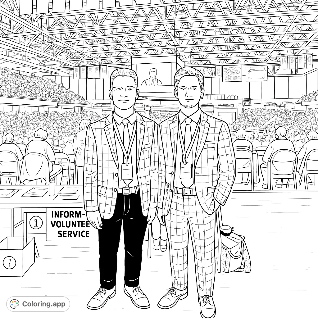 Color a dynamic scene of two young volunteers at a bustling arena event, featuring detailed suits, a service table, and a crowd-filled background.
