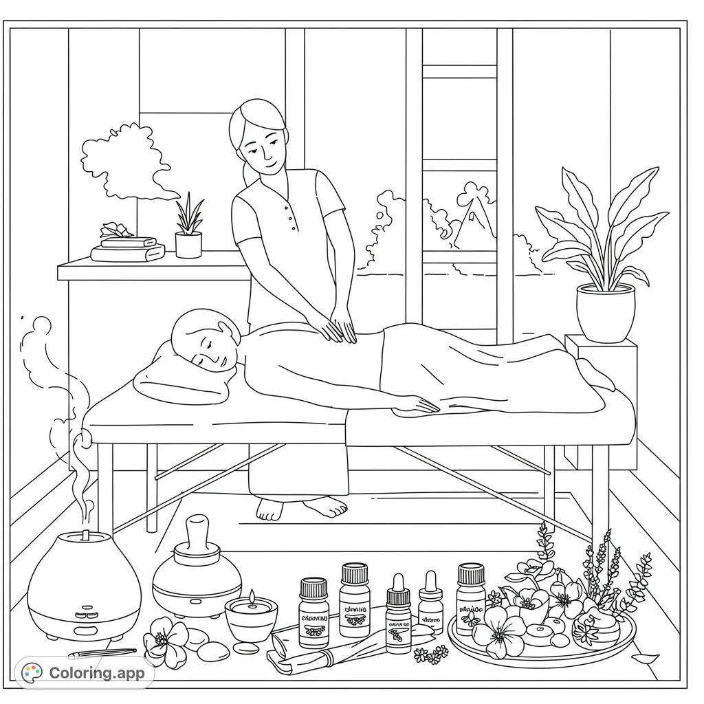Unwind with this aromatherapy massage coloring page. Features a serene scene of relaxation, perfect for mindfulness and self-care.
