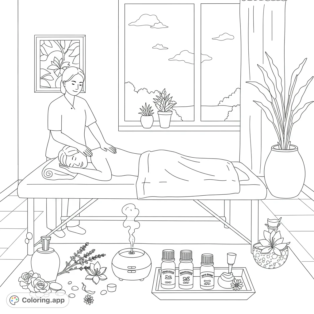Unwind with this aromatherapy massage coloring page. Features a serene scene of relaxation, perfect for mindfulness and self-care.