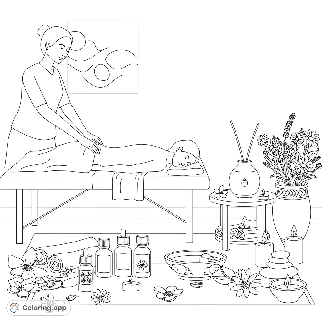 Relax with this aromatherapy massage scene. Features essential oils, calming plants, and a serene spa setting for mindful coloring.