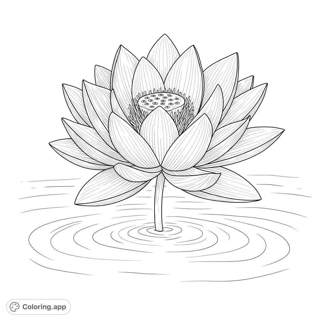 Discover tranquility with this beautiful lotus flower coloring page, featuring elegant petals and flowing water lines for a serene artistic escape.
