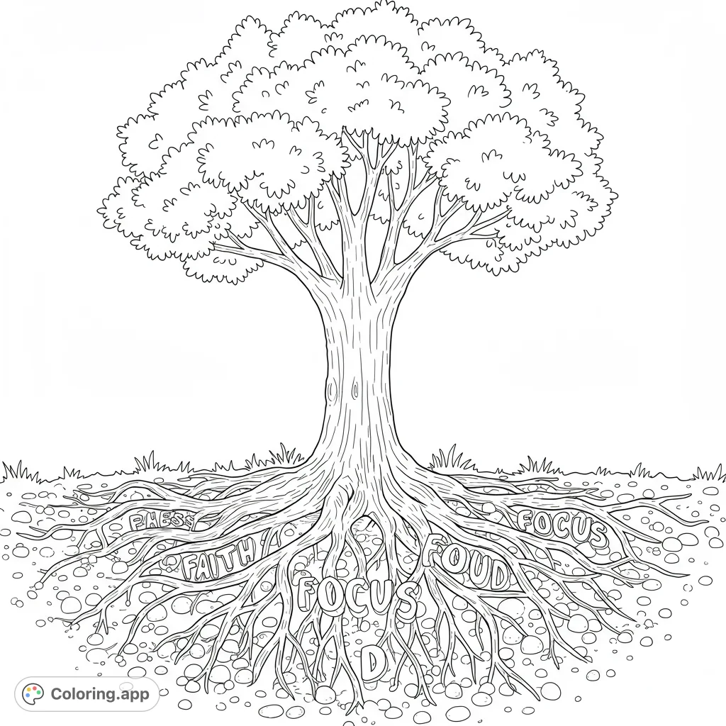 A powerful tree with roots forming words like "faith" and "focus," symbolizing growth and inner strength. A meaningful and inspiring coloring page.