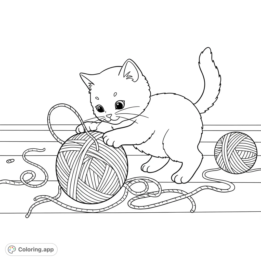 A charming free printable kitten coloring page featuring a playful kitten batting at a tangled ball of yarn, perfect for cat lovers and all ages.