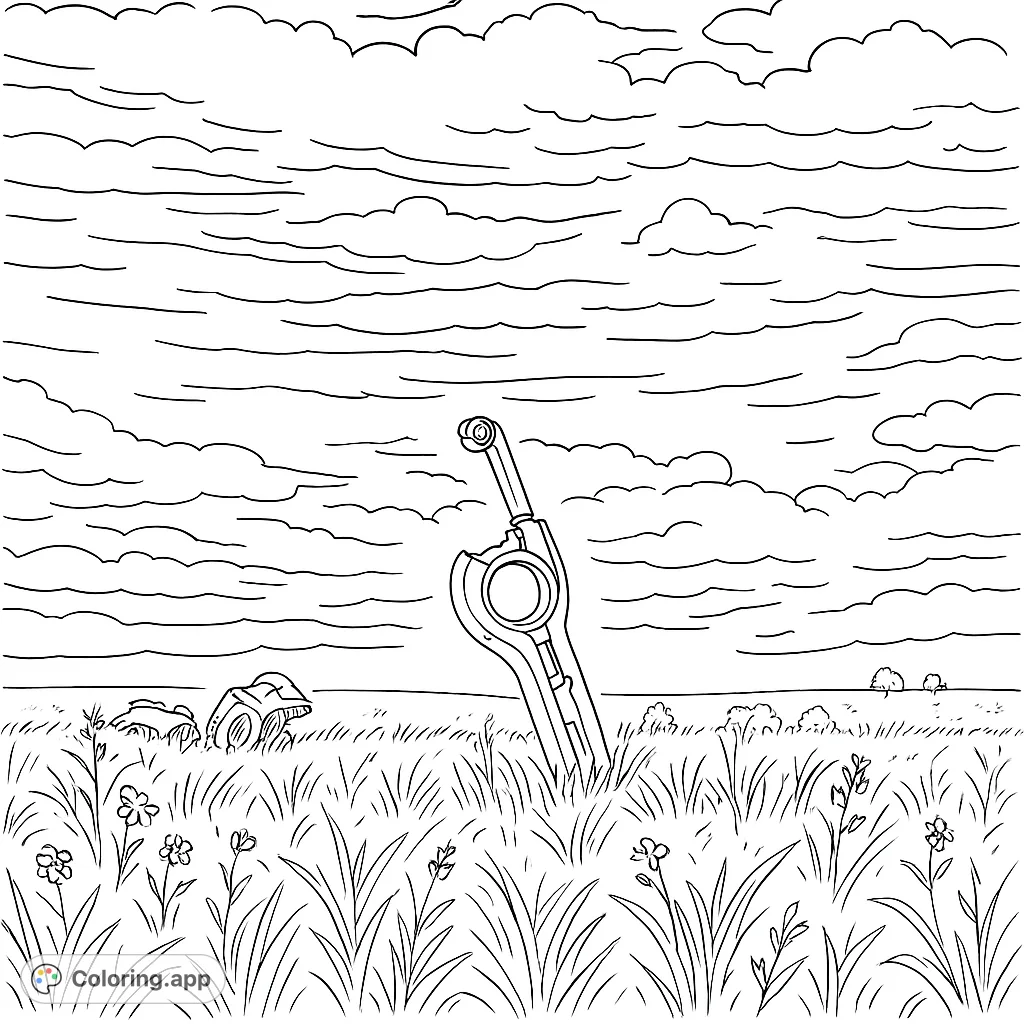 A majestic, futuristic sword stands tall in a vast, grassy field under a cloudy sky, inviting imaginative coloring and detailed artistic expression.