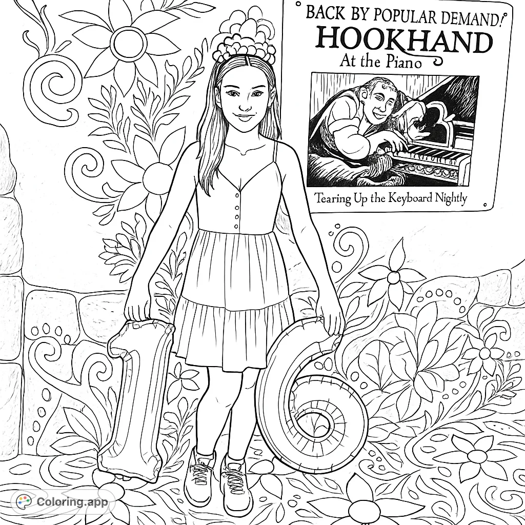 A young woman celebrates with number balloons against a whimsical, patterned wall, perfect for a fairytale-themed coloring adventure.