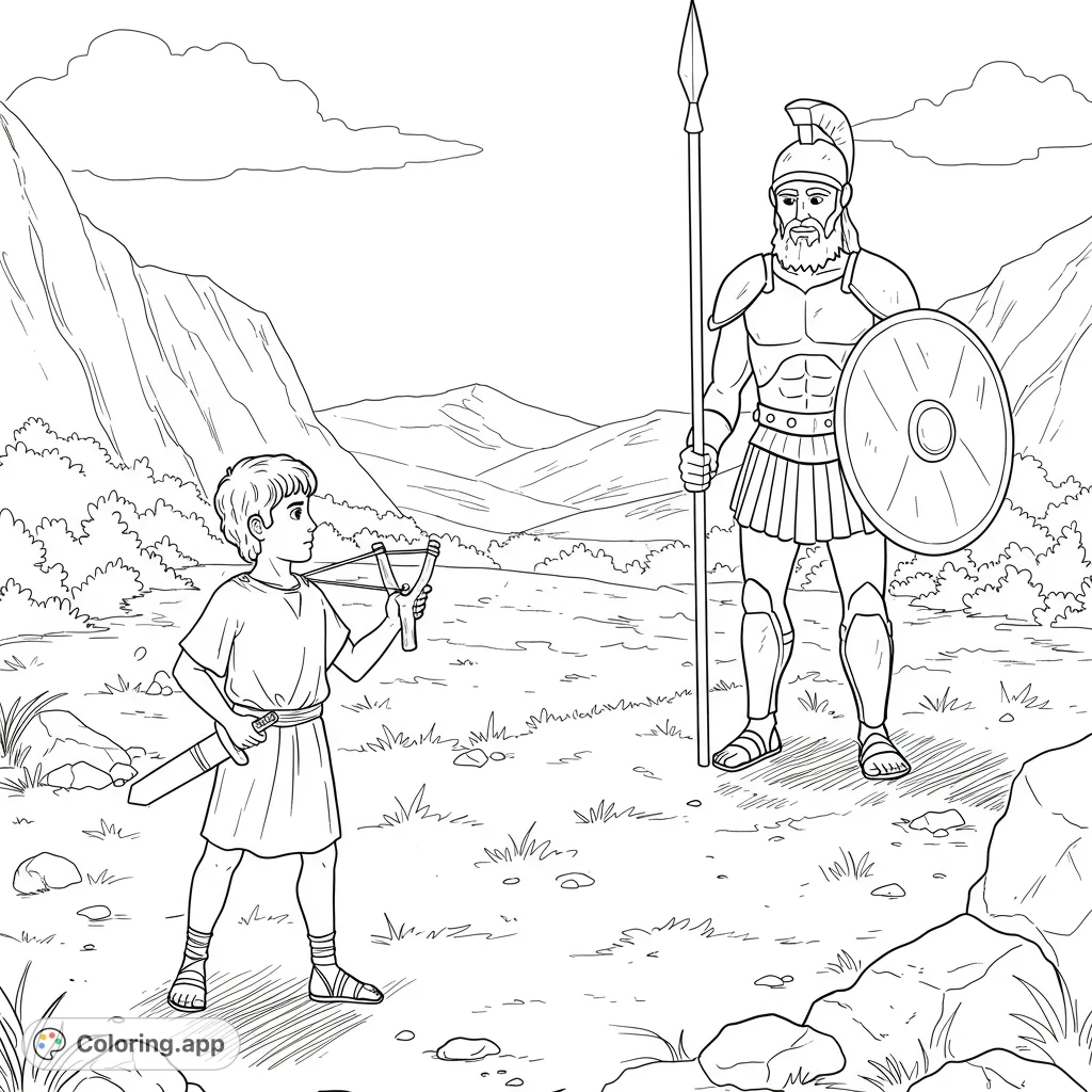 A brave young David faces the giant Goliath in a classic Bible story scene, perfect for a free printable coloring page for kids.