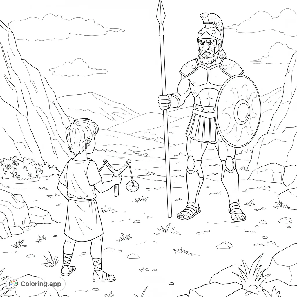 A brave young David faces the giant Goliath in a classic Bible story scene, perfect for a free printable coloring page for kids.