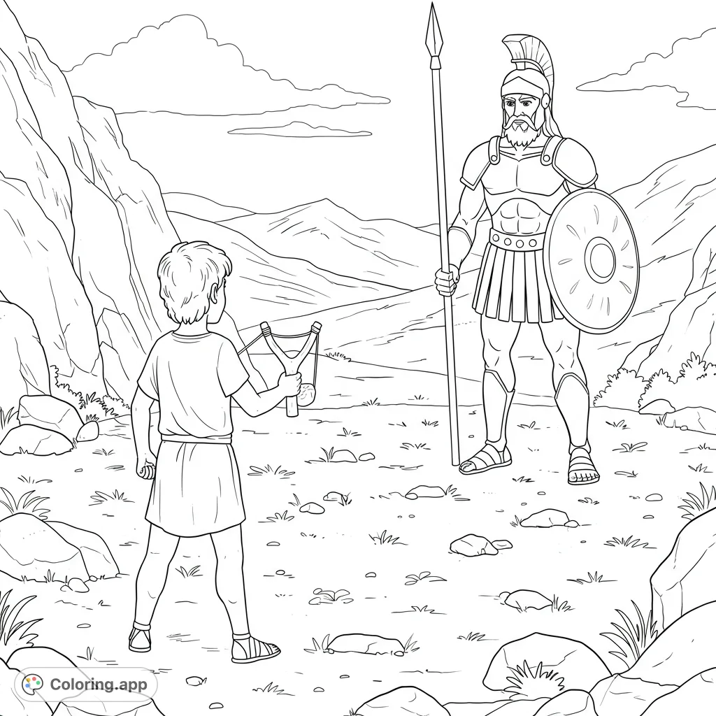 A brave young David faces the giant Goliath in a classic Bible story scene, perfect for a free printable coloring page for kids.