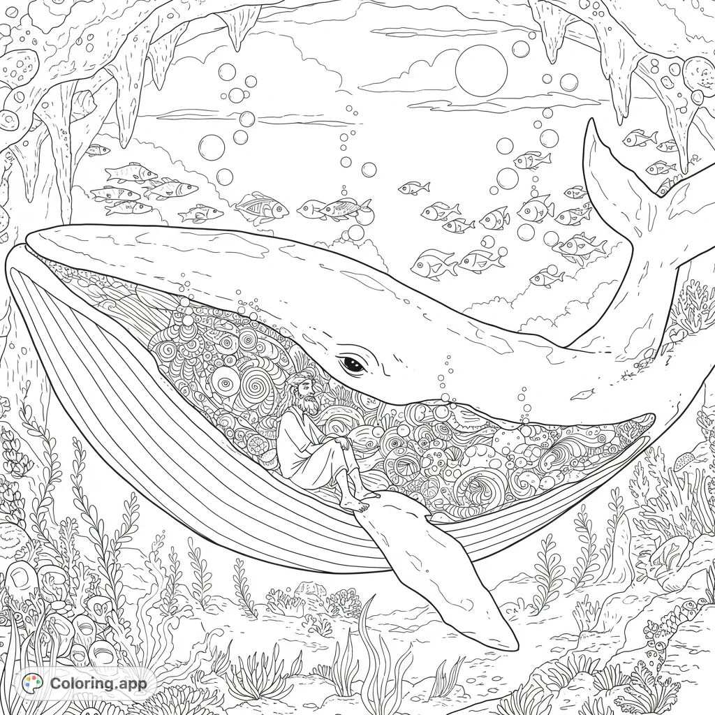 Explore the biblical tale of Jonah inside a colossal whale, featuring intricate patterns, swimming fish, and flowing seaweed in a detailed underwater scene.