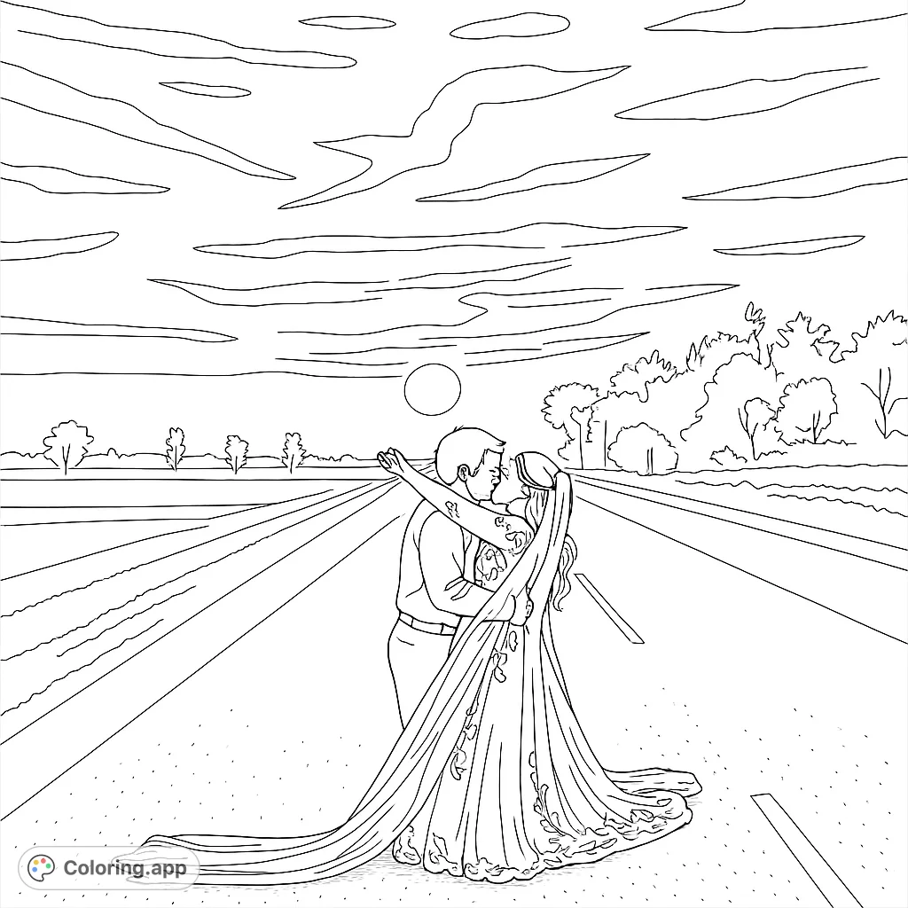 Capture a tender moment with this romantic wedding coloring page. A couple embraces on a long road, perfect for celebrating love and new beginnings.