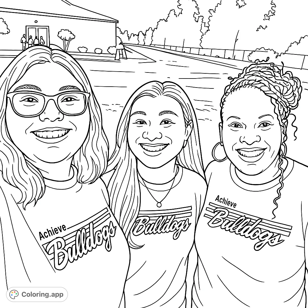 Three smiling individuals in "Achieve Bulldogs" shirts, celebrating team spirit. A fun, engaging coloring page for school pride and community.