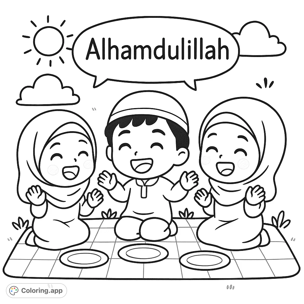 A delightful scene of three happy children enjoying a picnic outdoors, with a speech bubble above them. Perfect for young colorists.