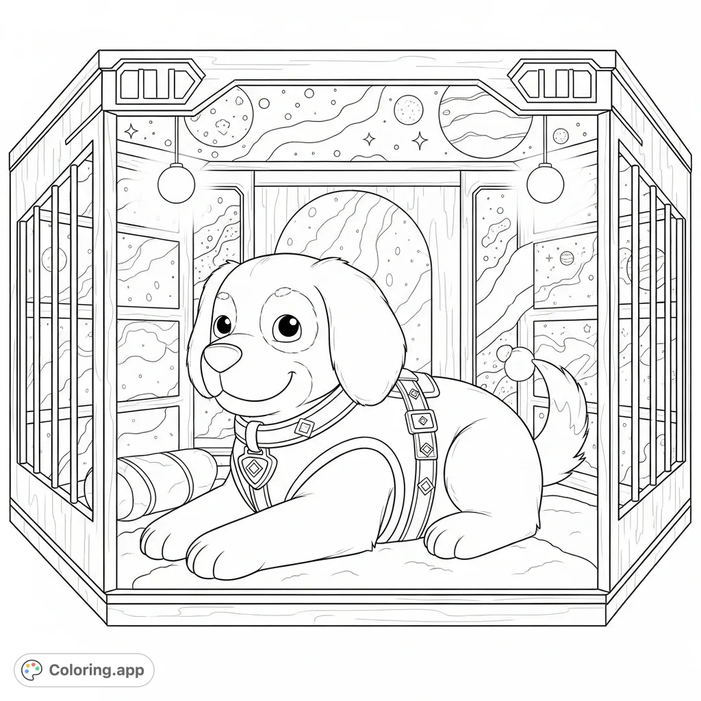 Explore a detailed adult-themed puppy space kennel. Featuring a large puppy character, cosmic decor, and subtle structural motifs for an engaging coloring experience.