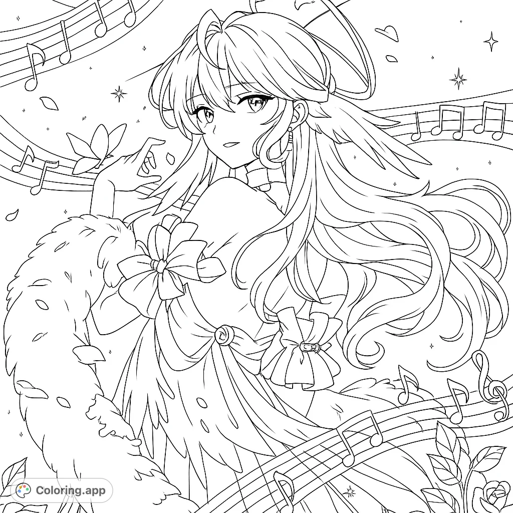An ethereal winged character surrounded by musical notes and celestial elements, perfect for a magical coloring experience.