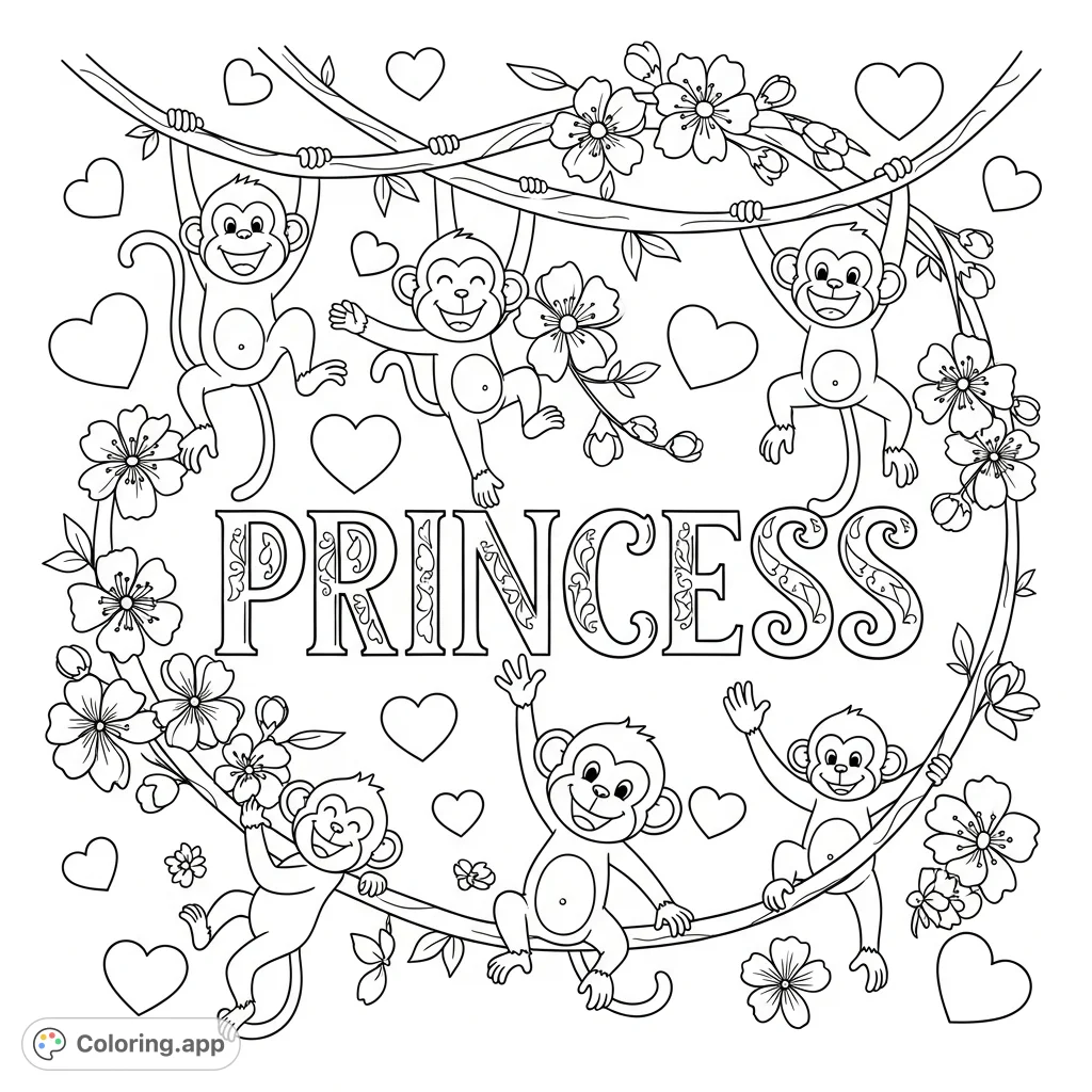 A delightful cartoon monkey coloring page featuring playful monkeys swinging from vines around the word "PRINCESS," adorned with hearts and cherry blossoms.