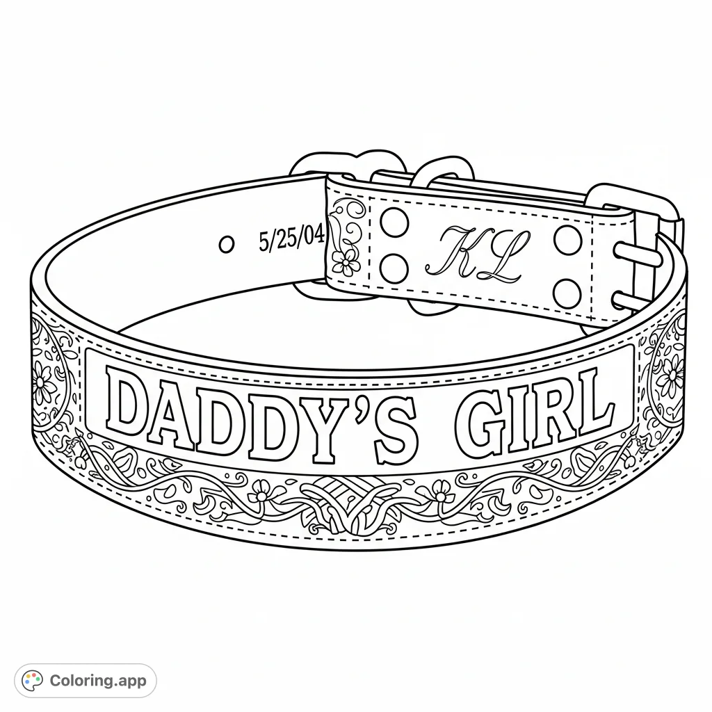 Discover a unique collar design featuring 'DADDY'S GIRL' text, intricate feminine engravings, and a specific date and initials. A detailed adult coloring page.