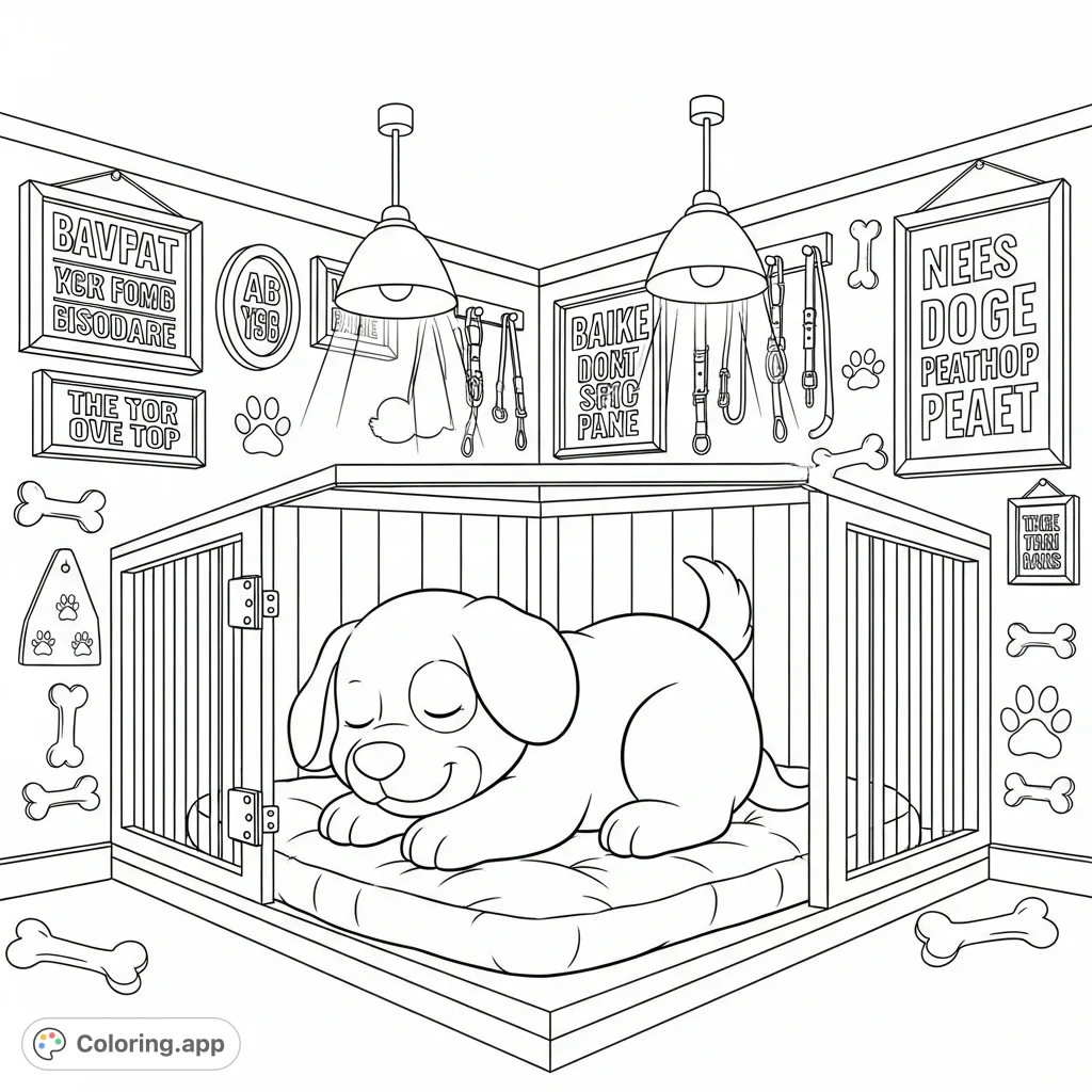 Explore an adult-themed puppy play space coloring page, featuring a large puppy, a cozy kennel, and decor with bold, suggestive text.