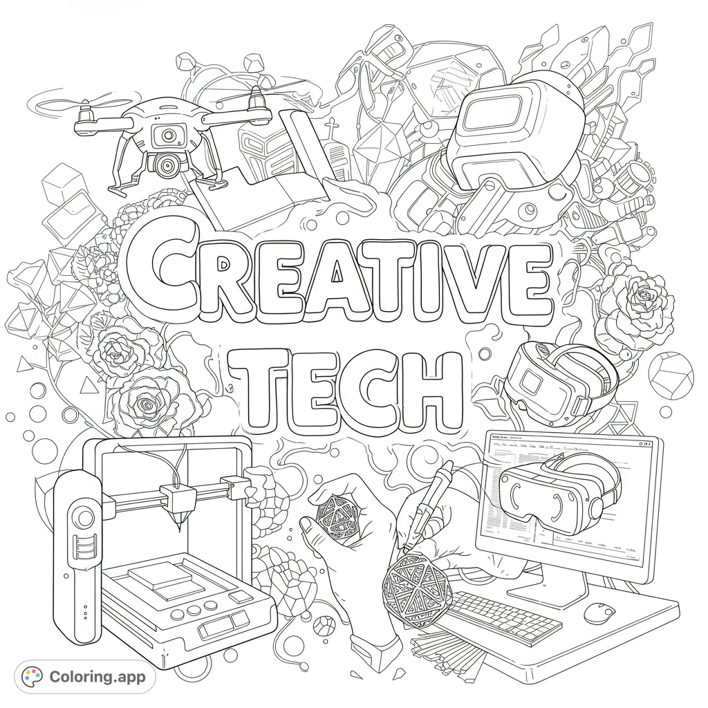 Explore a dynamic creative tech coloring page featuring drones, 3D printers, VR headsets, and coding elements. Unleash your imagination!