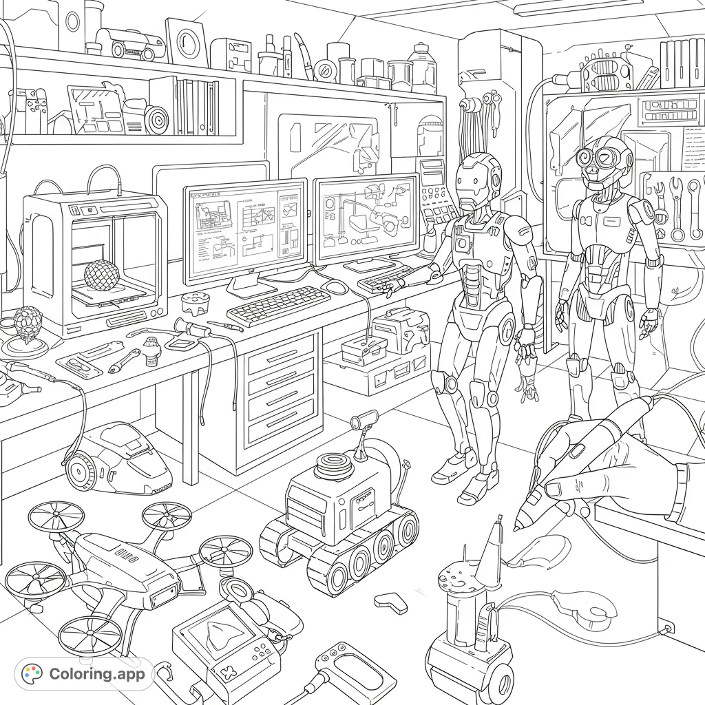 Explore a dynamic technology coloring page featuring drones, robots, 3D printers, and computers in a futuristic workshop. Unleash your creativity!