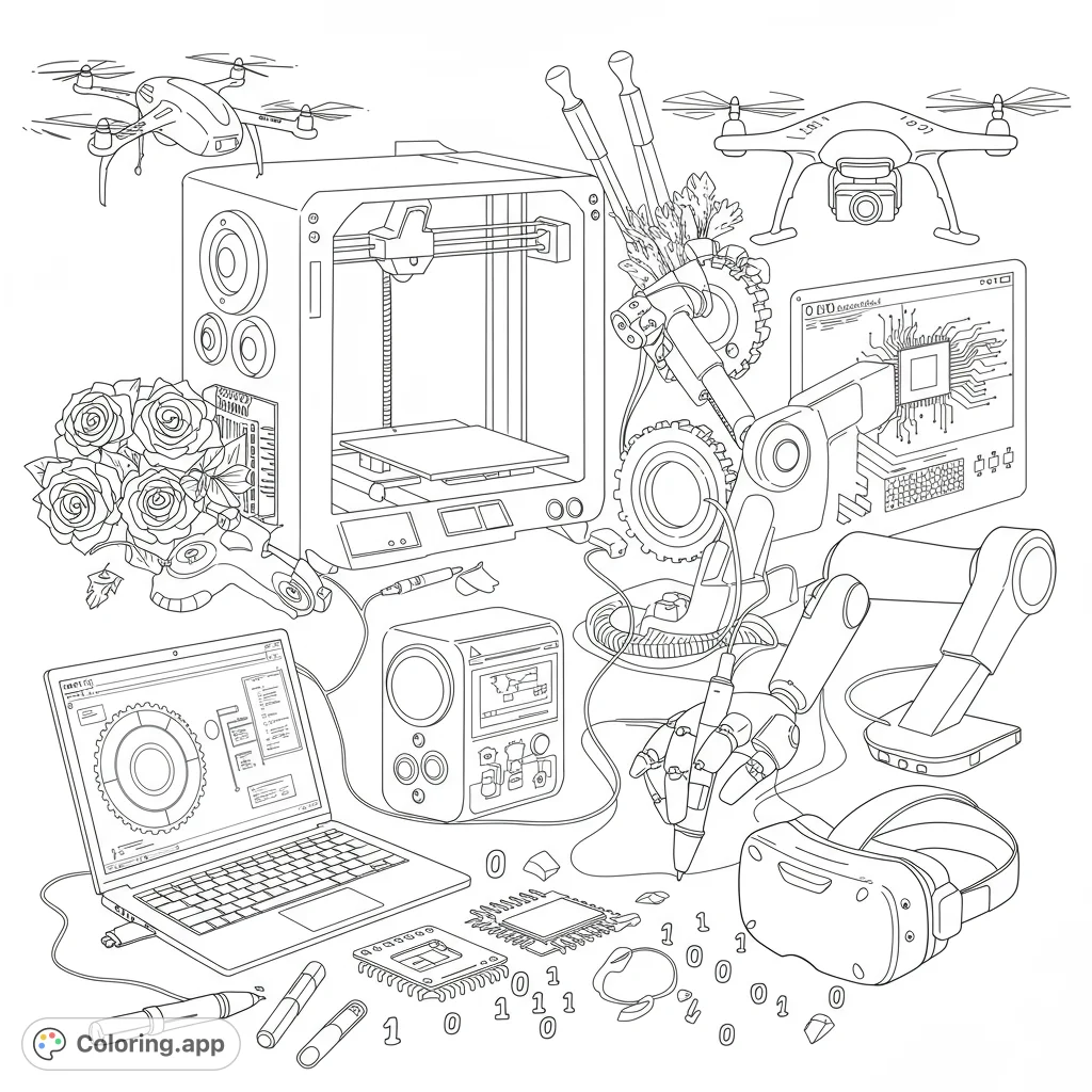 Explore a world of innovation with this tech-themed coloring page featuring 3D printers, drones, robots, and coding symbols. Perfect for tech enthusiasts!