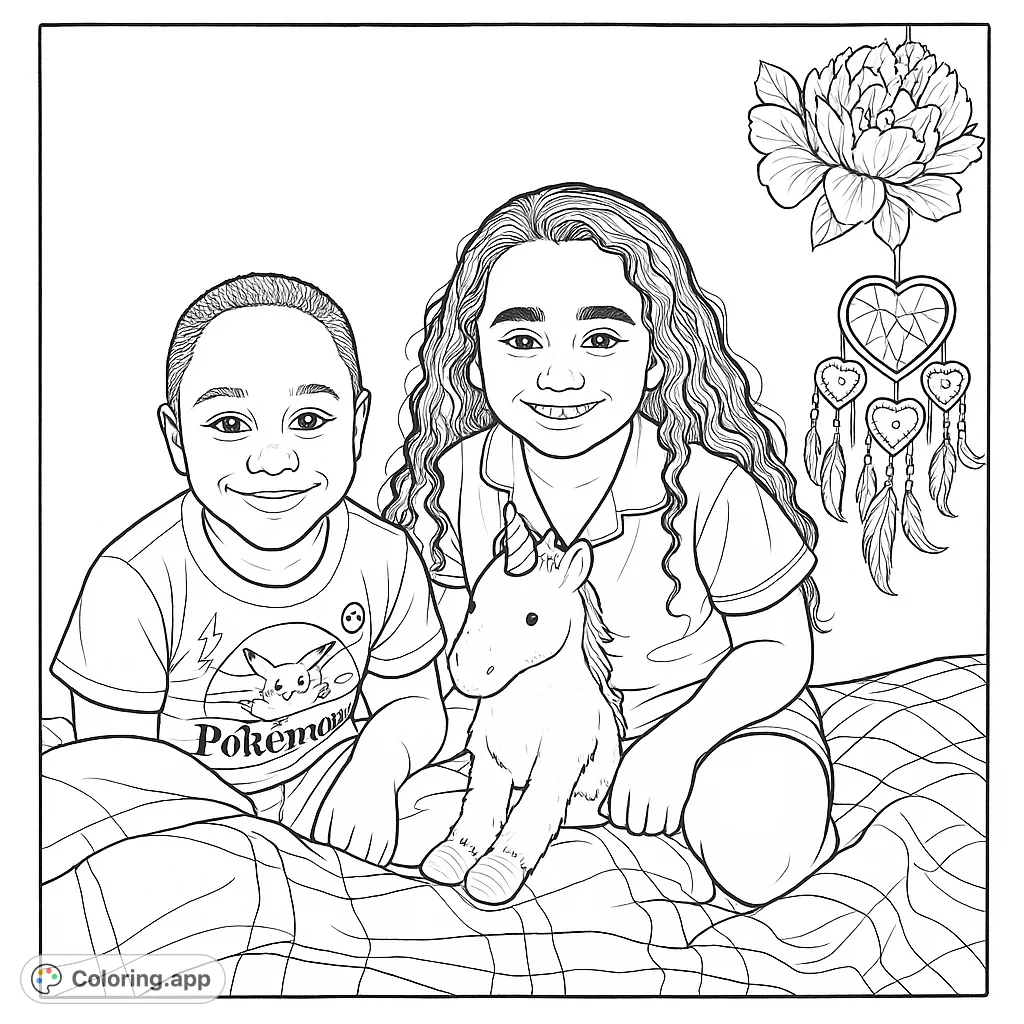 Two smiling girls with a unicorn plushie on a cozy bed, surrounded by whimsical decor. A delightful scene for a free printable coloring page.