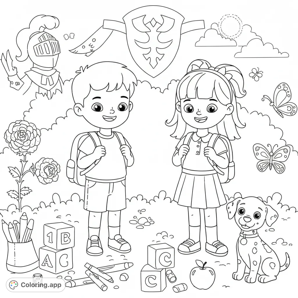 Celebrate the first day of preschool with this charming coloring page featuring two happy children, backpacks, school supplies, a playful puppy, and a knight's emblem.
