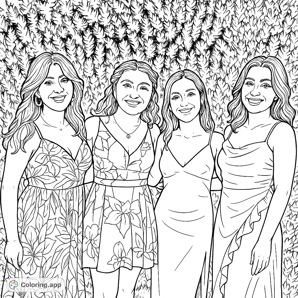 Four smiling friends in stylish dresses stand before a lush hedge, ready for a fun coloring adventure. Perfect for fashion and friendship themes!