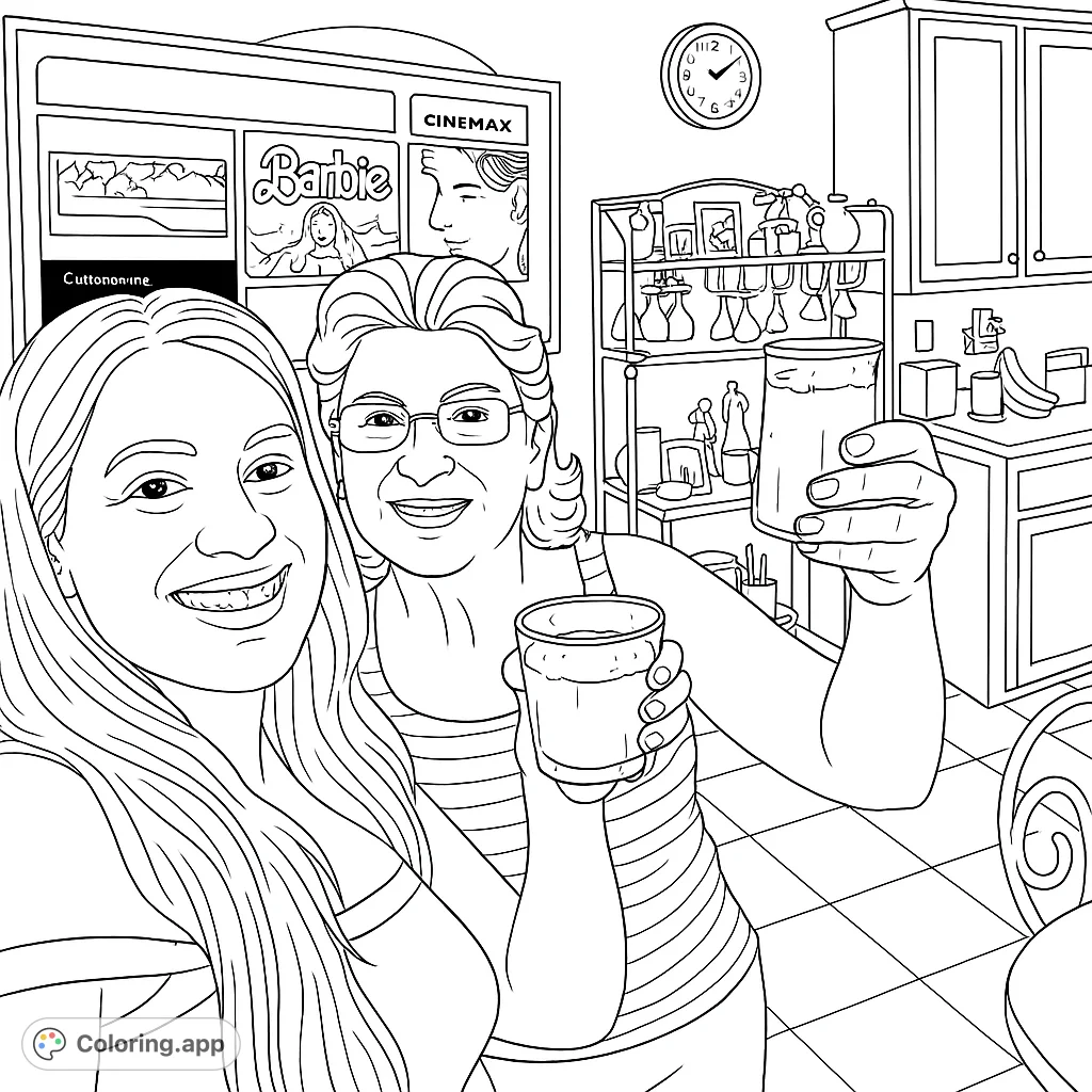 Capture a heartwarming moment of two women smiling and toasting with drinks in a cozy home setting. A delightful family coloring page for all ages.