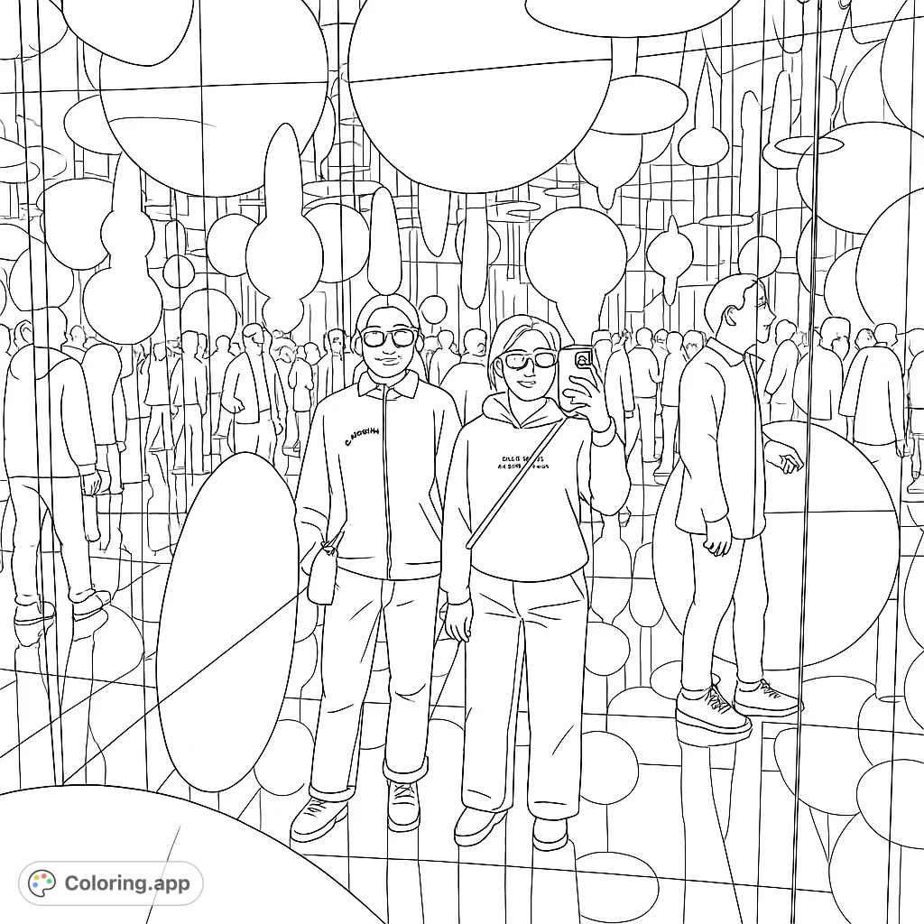 Step into an immersive geometric gallery with two figures surrounded by endless reflections of circular and oval shapes. A modern, abstract coloring experience.