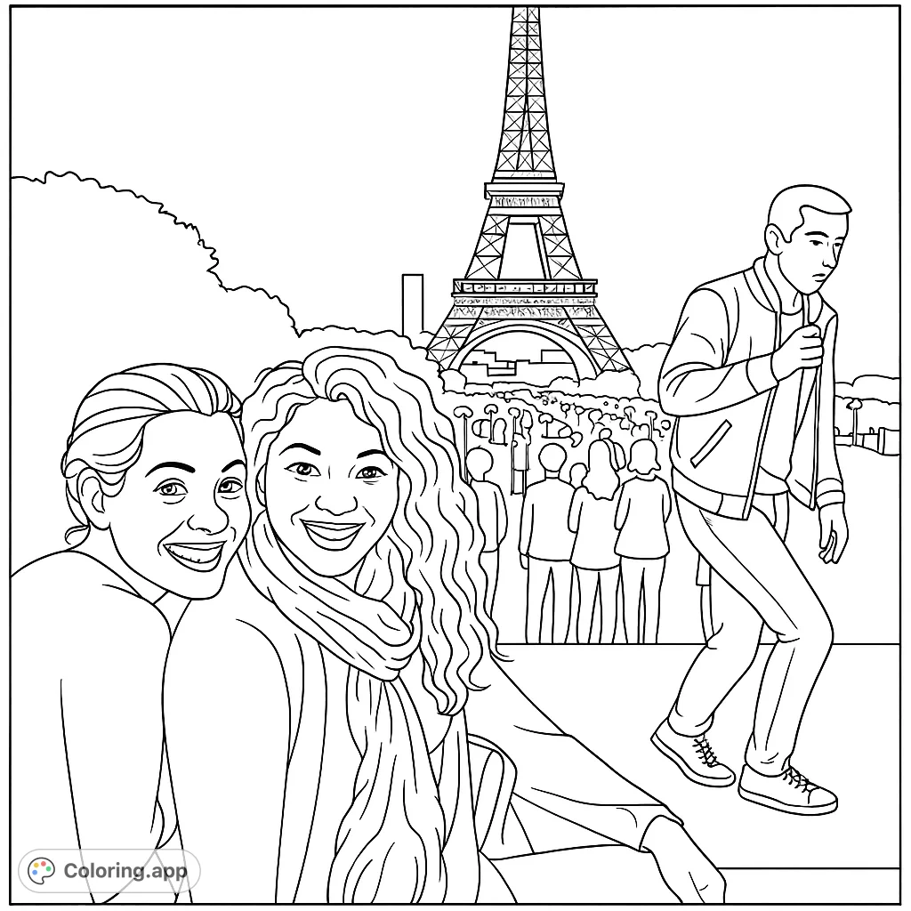 Color a memorable night scene featuring two smiling friends in front of a famous illuminated lattice tower, surrounded by a lively urban atmosphere.