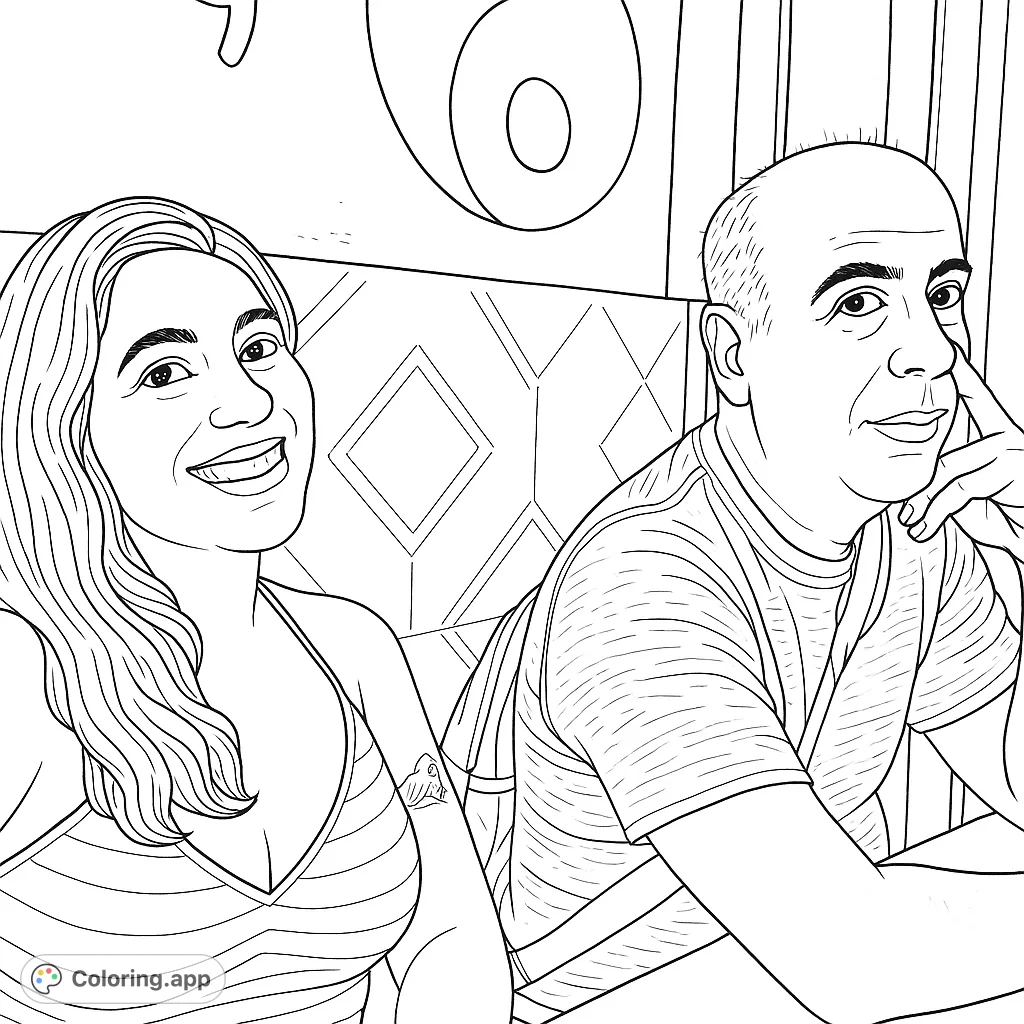 Color a heartwarming portrait of two smiling individuals in a casual setting, featuring detailed expressions and a unique textured background.