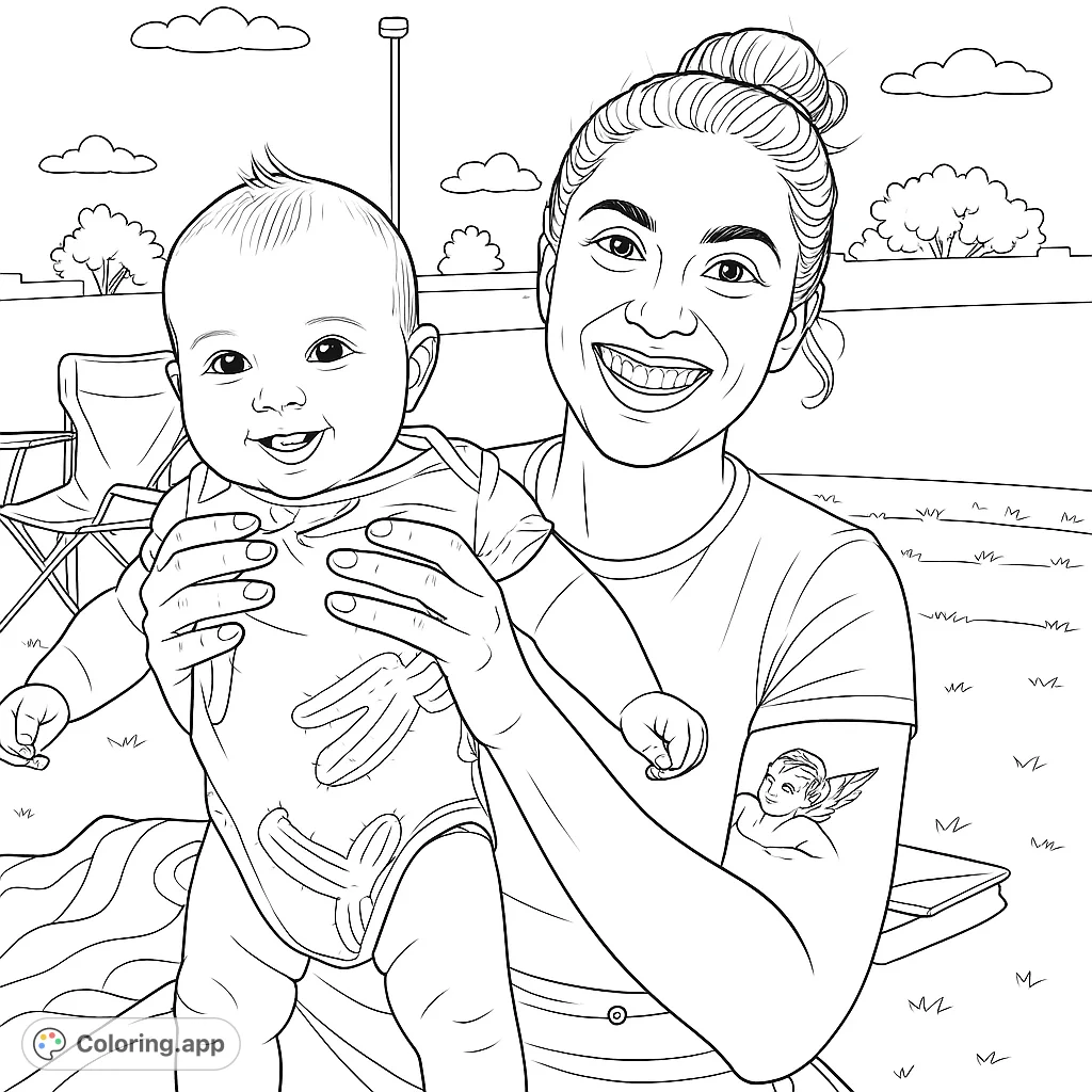 Capture a heartwarming moment with this mother and child coloring page. Features a smiling woman holding a happy baby in an outdoor setting, perfect for all ages.