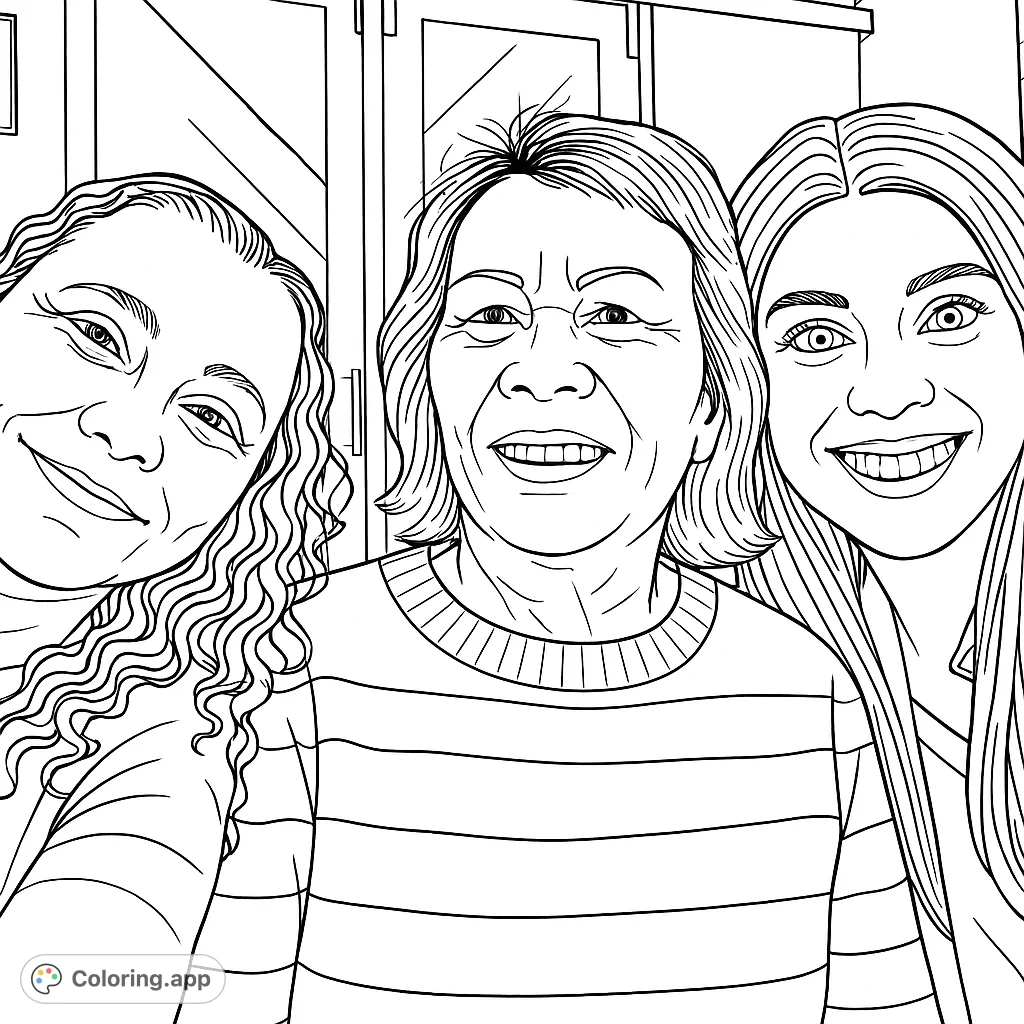 Capture the warmth of connection with this family portrait coloring page featuring three smiling individuals. Perfect for all ages!