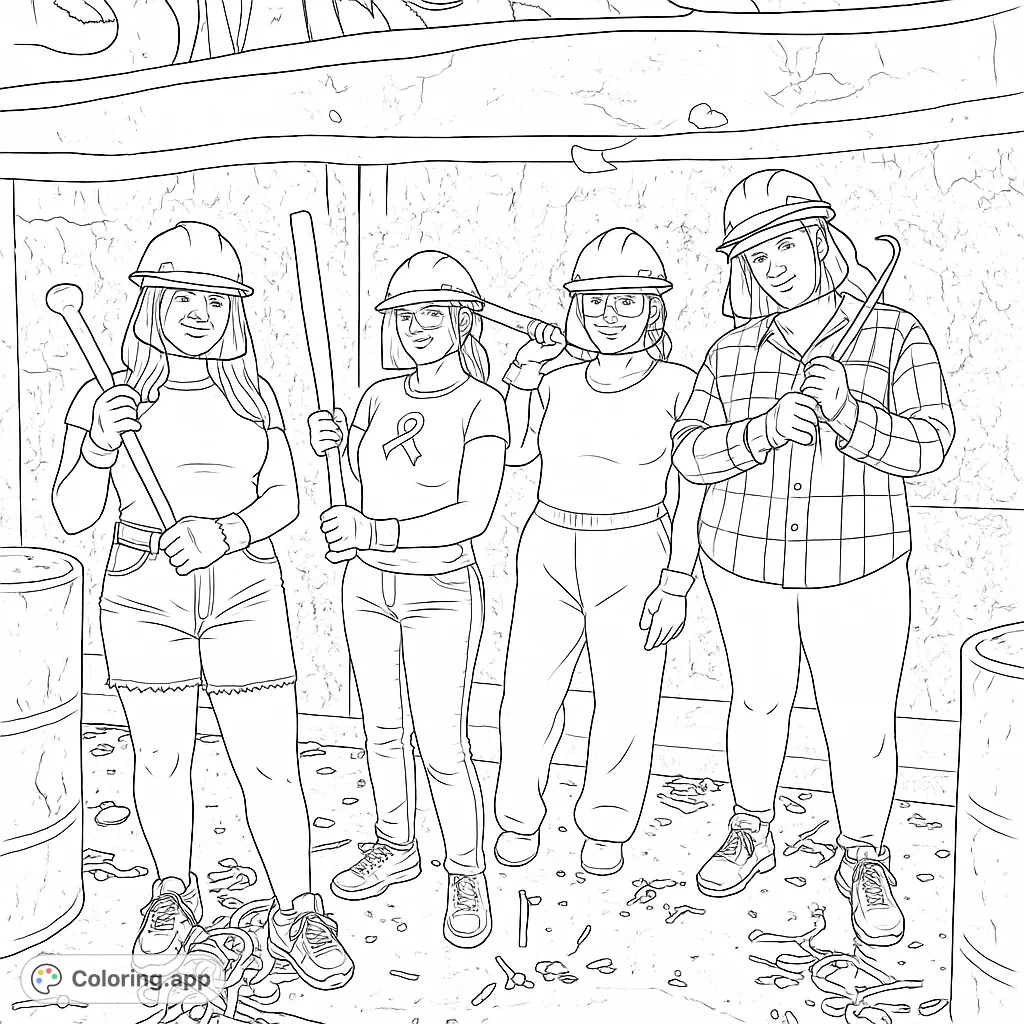 Unleash your creativity with this exciting rage room coloring page! Four friends in protective gear ready for a smashing good time amidst debris.