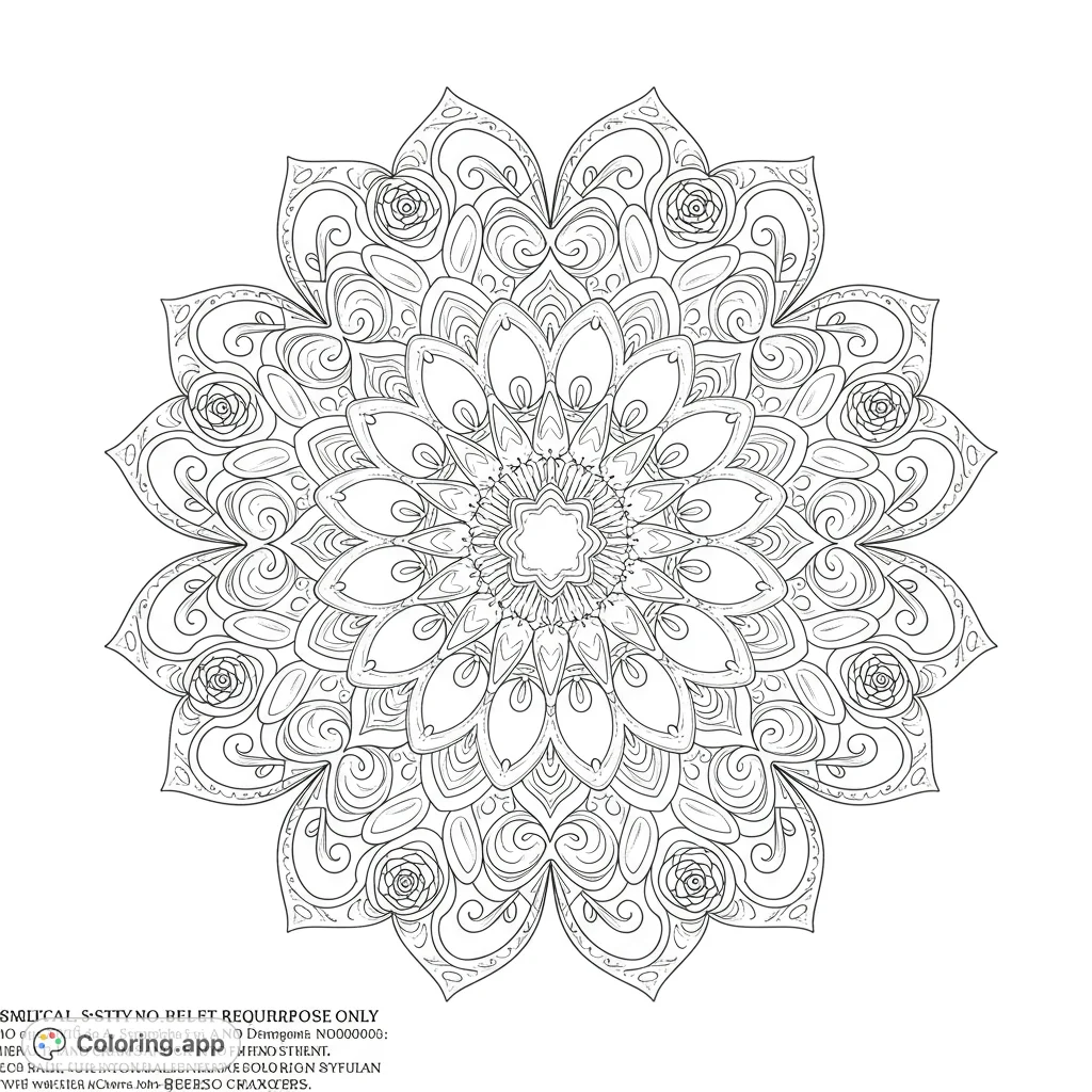 Unwind with this intricate symmetrical mandala coloring page, featuring detailed radial patterns perfect for mindful coloring and stress relief.