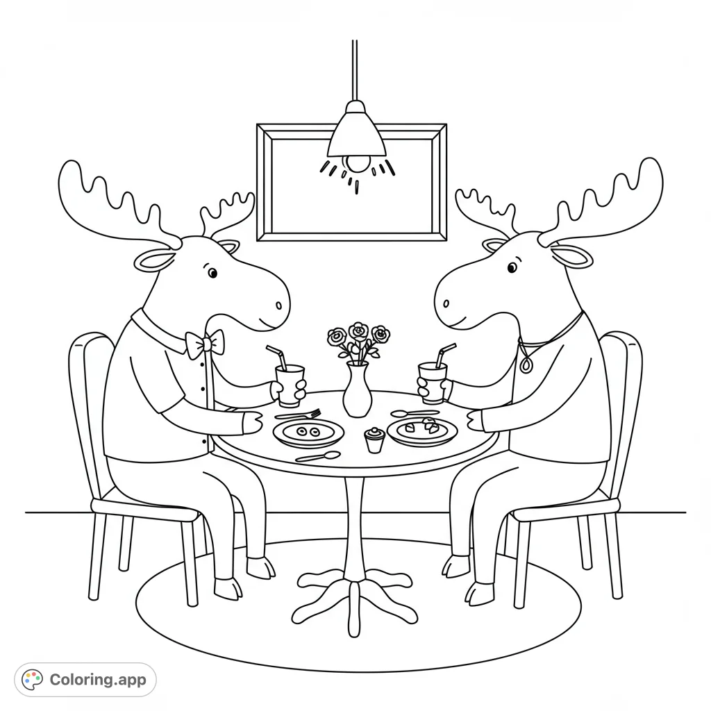A charming moose couple enjoys a cozy dinner date, complete with simple food and beverages. Perfect for a fun and easy coloring experience.