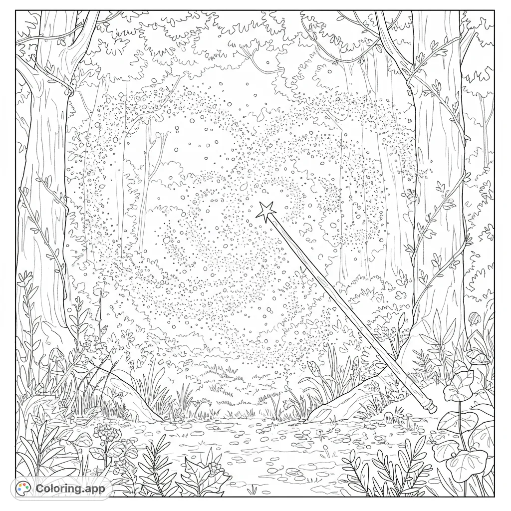 Discover a magical forest scene with a glittering wand casting an ethereal glow. A fantasy coloring page for all ages.