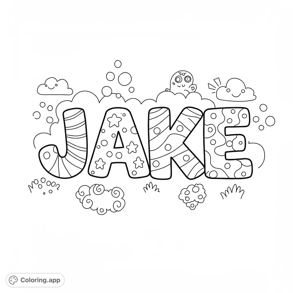 A fun, personalized coloring page featuring the name JAKE with playful elements, perfect for young artists to customize and enjoy.