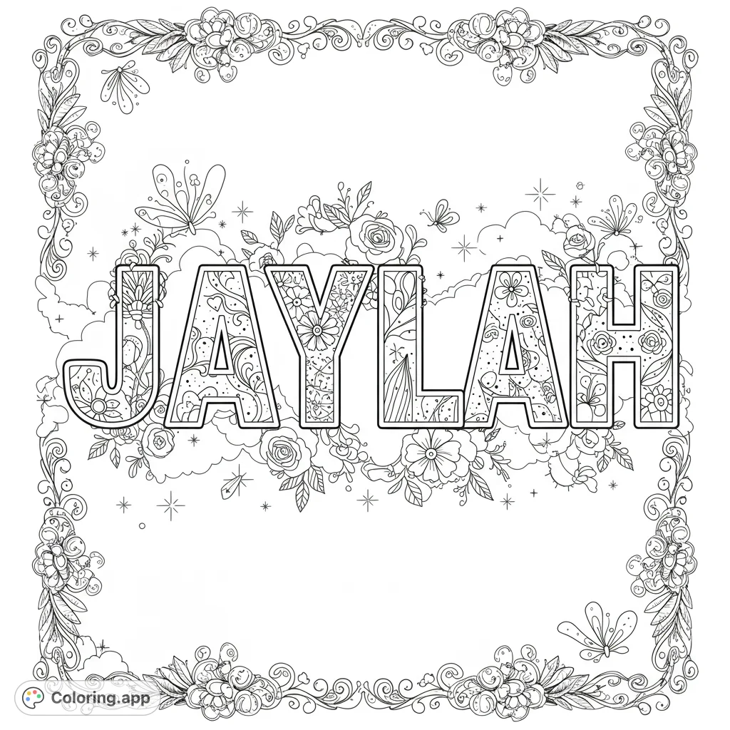 A beautiful Jaylah name coloring page featuring decorative letters with intricate floral patterns, swirling vines, and hidden elements. Perfect for personalization.