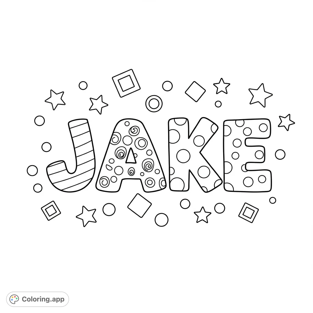 A cheerful coloring page featuring the name JAKE in playful bubble letters, surrounded by stars and friendly shapes, perfect for young artists.