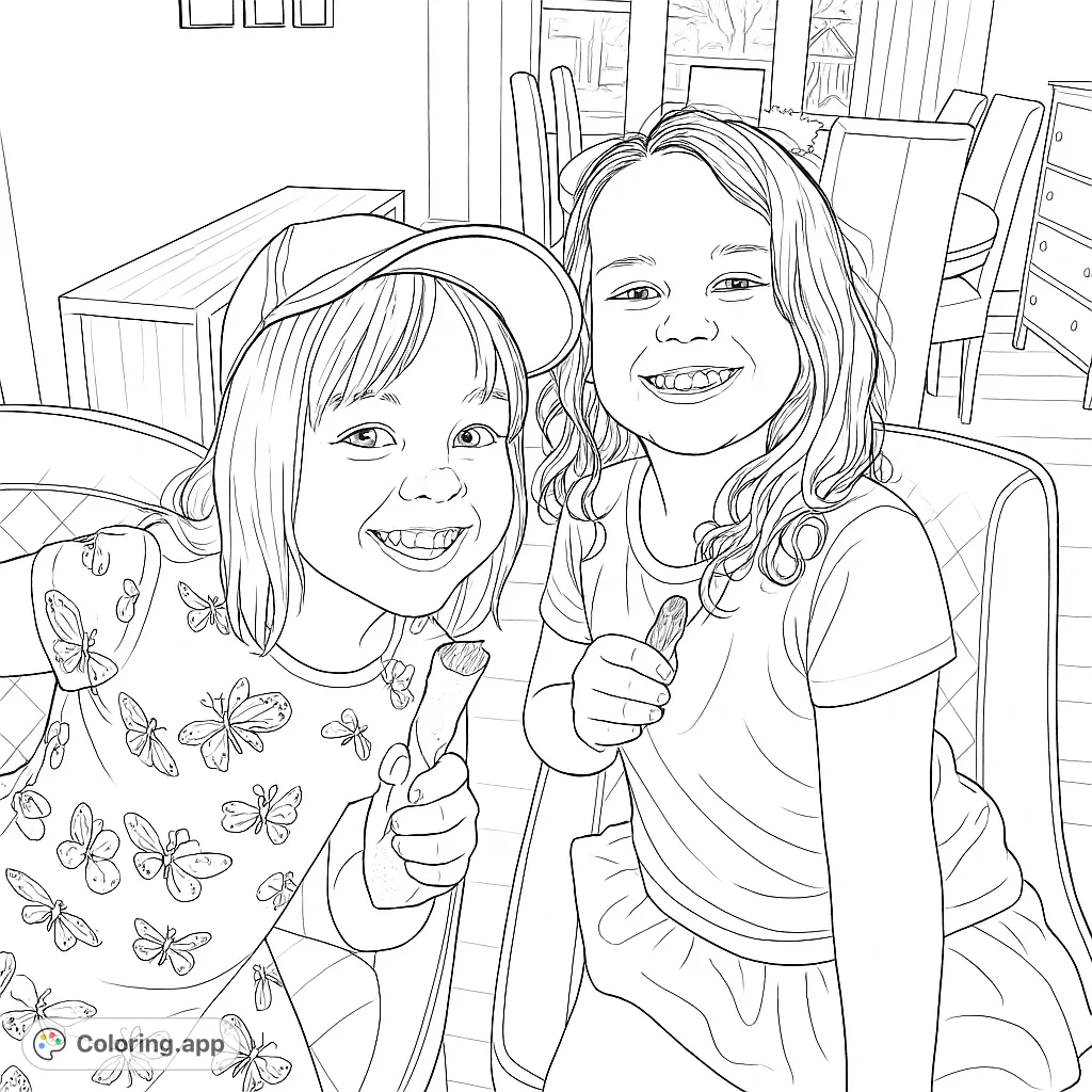 Two happy girls smile brightly, seated indoors. This charming scene is perfect for a fun, engaging coloring activity for kids.